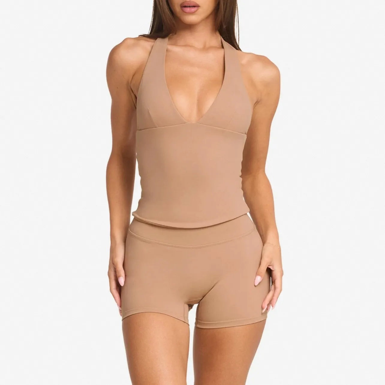 Women's Halter Neck Yoga Vest V-Neck Built-in Bra Naked-Feel Moisture-Wicking Workout Top Gym Fitness Seamless Activewear