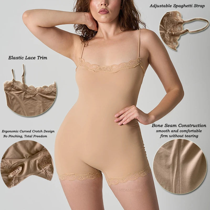 VITALINOVO Women Square Neck Lace Trim Short Romper Onesie Sleeveless Spaghetti Strap Square Neck Tank Top One Piece Pajamas